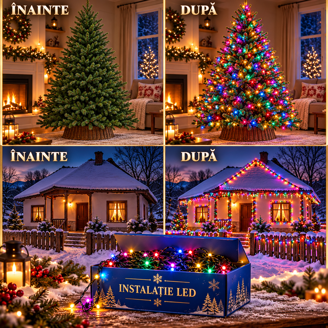 Instalație LED 15m, Fir Transparent, Lumină Multicolora de Crăciun