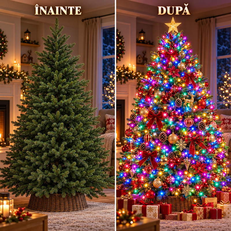 Instalație LED 15m, Fir Transparent, Lumină Multicolora de Crăciun