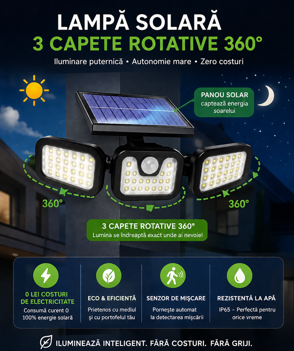 Proiector Solar Ultra PRO cu senzori de miscare- 3 PANOURI ROTATIVE 360grade
